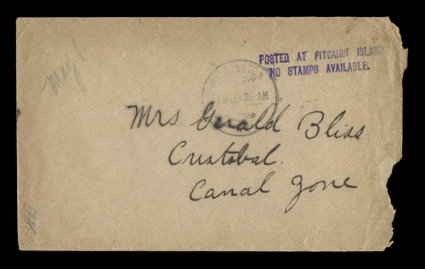 POSTED AT PITCAIRN ISLANDNO STAMPS AVAILABLE. two line type V cachet in violet (S.G. C5), excellent strike on cover sent via New Zealand with Wellington7.Mr.23 transit c.d.s.,
complete with letter from Miss Ella Coffin dated March 1, 1923,