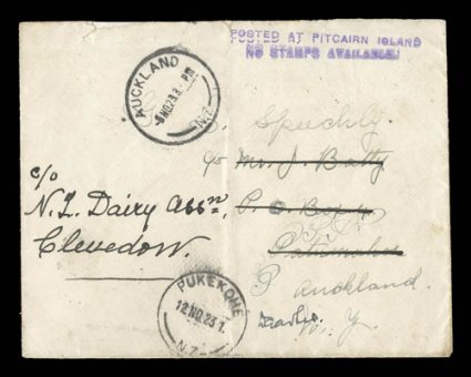 POSTED AT PITCAIRN ISLANDNO STAMPS AVAILABLE. violet two line type IX cachet (S.G. C11), at top right of cover addressed to Auckland, N.Z. and the redirected to Pukekohe,
N.Z., nice strike of this seldom seen cachet, clear Auckland5 No 23N