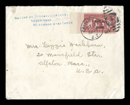 Mailed at Pitcairn Island,South Seas.No stamps available three line blue cachet which is unlisted in Stanley Gibbons, on exceptional postage due cover addressed to Allston,
Mass. from the famous Washburn correspondence, sent via the Canal Zon