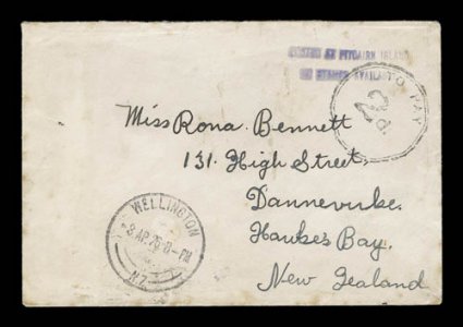 POSTED AT PITCAIRN ISLAND.NO STAMPS AVAILABLE small unrecorded two line cachet in violet measuring 36x10mm, at top right of very rare interim period cover addressed to Hawkes
Bay, New Zealand, with large circular To Pay2d. postage due hand