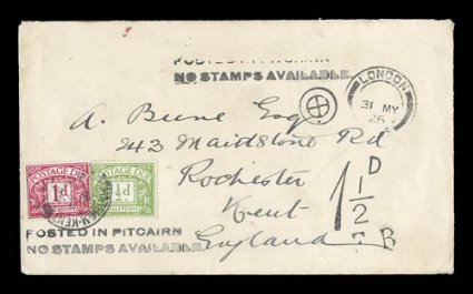 POSTED IN PITCAIRNNO STAMPS AVAILABLE black two line type XIII cachet (S.G. C16), two strikes, one complete and wonderfully well struck cachet at bottom left and an additional
partial strike at top center on a superb postage due cover to Engl