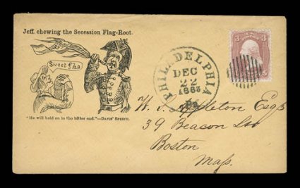 Jeff. chewing the Secession Flag-Root black imprint and design (Walcott 1120), 3c Rose (65) tied by grid with matching Philadelphia, Pa.Dec 22 1863 c.d.s. alongside on cover to
Boston, tear in backflap only, a marvelously fresh and clean c