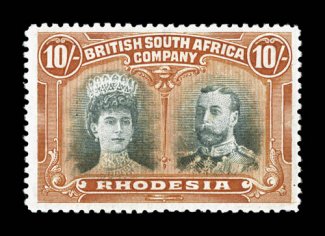 117 var., 1910 10- Red orange and blue green, long gash in ear variety, rich vibrant colors on fresh white paper, well centered, o.g., lightly hinged, very fine cataloged as
the normal stamp (S.G. 164 var. £375+).