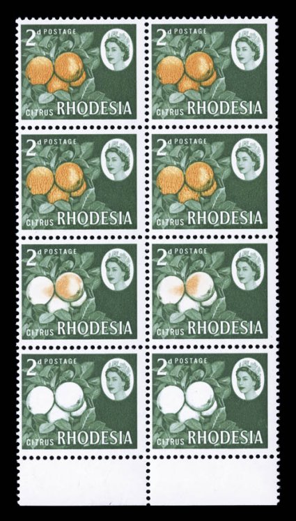 224b, 1966 2p Slate green and orange, with orange omitted, bottom sheet margin block of eight (2x4), the top four stamps are normal, the third row has the orange partially
omitted, and the bottom row has the orange completely omitted, deep rich