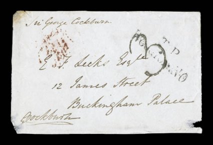 Cockburn (Admiral, Sir George Cockburn) free frank at lower left corner of small cover front addressed to one E.F. Deeks in Buckingham Place, various transit markings, couple
of mounting skinning in corners, fine Cockburn was a British naval
