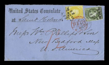 13, 17, 1873 2p on 6p Yellow and 1- on 6p Deep green, both nicely centered singles and tied to extremely attractive and colorful blue printed United States Consulateat Saint
Helena cover to New Bedford, Mass. by oblong of wedges cancellation