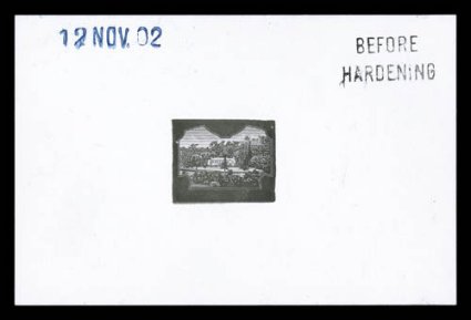1903 Issue master die essays of the central vignette and frame white glazed card, with black vignettes of Government House and The Wharf, and a frame with King Edward VII,
dated 12 Nov. 02, 29 Dec. 02 and 3 Jan 03, each handstamped Before Harden