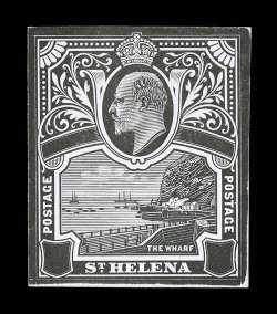 1903 King Edward VII and The Wharf essay in black on card, stamp size essay with blank value tablets, very fine and seldom seen.