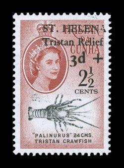 B1 var., 1961 2 12c + 3p Tristan Relief semi-postal, broken A in Helena variety, exceptionally well centered single of this distinctive and scarce variety, o.g., lightly
hinged, extremely fine (S.G. 171 var.)
