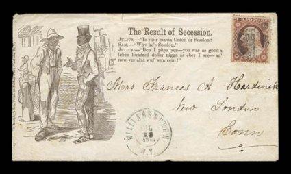 The Result of Secession. imprint and design, 3c Dull red (26) tied by Williamsburg cork cancel with matching c.d.s. at bottom, sent to New London, Ct., cover with some faint
wrinkling, a small tear at top and some very minor staining, fine and