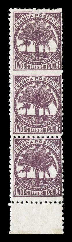 19i, 1898 26 Deep purple, vertical pair, imperforate between, bottom margin vertical strip of three, with the top two stamps being imperforate between, deep rich color, part
o.g., fine (S.G. 64ba £450).