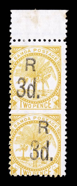 25c, 1895 R3d. Surcharge on 2p Orange, vertical pair, imperforate between, top sheet-margin pair, bright color, o.g., h.r. in the selvage, light toning at the top of the
selvage and a few tiny toned specks on gum, fine and quite scarce (S.G.
