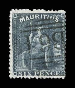 S.G. Z13, Mauritius 1862 6p Slate, attractive sound example with excellent central (inverted) strike of barred B64 numeral cancel of Seychelles, fine and rare.
