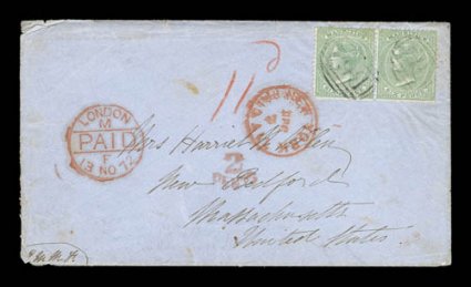 S.G. Z22, Mauritius 1863-72 6p yellow green, horizontal pair, tied to blue colored cover to New Bedford, Mass. by two light but readable strikes of B64 barred numeral cancels
of Seychelles, cover with fancy engraved Government HouseSeychelle