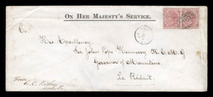 S.G. Z58, Mauritius 1885 4c Carmine, horizontal pair tied to legal sized O.H.M.S. cover by singles strike of barred B64 numeral cancel of Seychelles, matching SEychellesAp
2386 c.d.s. just to left, addressed to His ExcellencySir John Pop