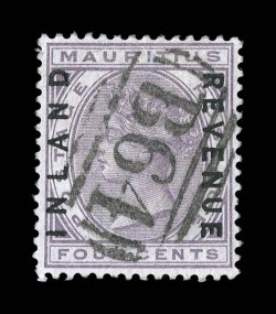 S.G. ZR1, Mauritius 1889 4c Lilac Inland Revenue postal fiscal, choice example with superb complete strike of barred B64 numeral cancel of Seychelles, very fine and
exceedingly rare ex-Cdr. M. Burnett.