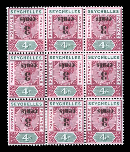 22a, 1893 3 cents surcharge on 4c Carmine rose and green, inverted overprint, striking mint block of nine, all with inverted overprints, quite likely the largest surviving
multiple, brilliantly fresh, outstanding centering, o.g., two stamp