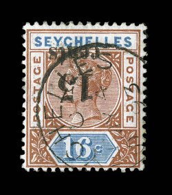 24b, 1893 15 cents surcharge on 16c Orange brown and ultramarine, inverted overprint, used, neat strike of SeychellesMy 4 93 c.d.s., fine 1994 BPA certificate (S.G. 18a
£300).