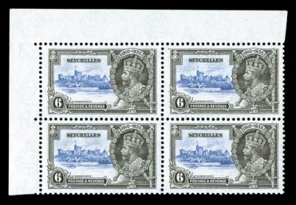 S.G. 128a, 128b, 128c, 1935 6p Silver Jubilee constant varieties, three different, single examples of the extra flagstaff and lightning conductor, plus a block of four
containing a short extra flagstaff variety, all well centered, o.g., l.h., th