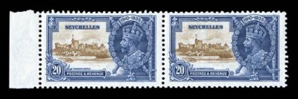 S.G. 130b, 1935 20p Silver Jubilee, short extra flagstaff variety, the left stamp in a left sheet-margin horizontal pair, quite fresh, rich colors, o.g., n.h., very fine
(Scott 120 var.).