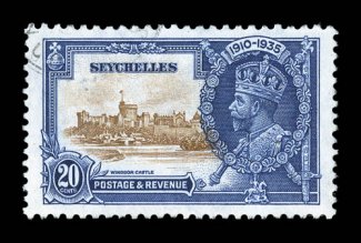 S.G. 130c, 1935 20p Silver Jubilee, lightning conductor variety, select used example, very lightly cancelled, well centered, very fine much more difficult to find used than
mint (Scott 120 var.).