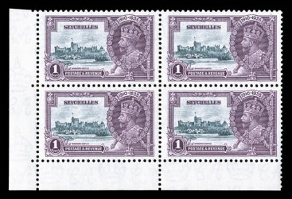 S.G. 131a, 131c, 1935 1- Silver Jubilee, extra flagstaff and lightning conductor varieties, each in a handsome mint block of four with normal stamps, well centered, o.g., l.h.
very fine and choice (Scott 121 var.).