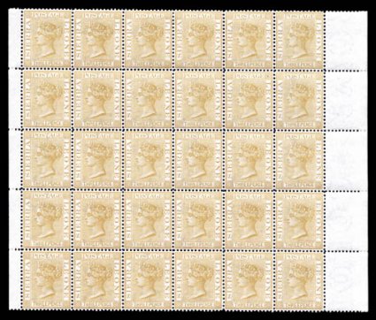 15, 1876 3p Buff, mint block of 30 (6x5) with selvages on both sides, unusually well centered, strong color, o.g., all stamps never hinged (l.h. in the selvage only), very
fine and a most impressive multiple (S.G. 20 for hinged £1,500+).