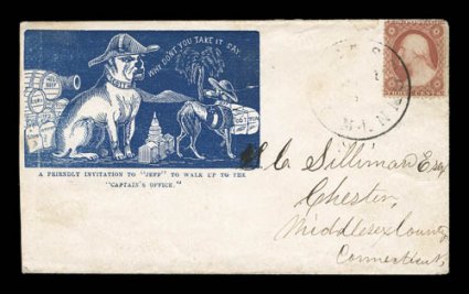 Why Dont You Take It Say. impressive blue cameo design with Jeff. Davis and Gen. Scott as dogs, 3c Dull red (26) tied by indistinct c.d.s. on cover to Connecticut, cover with
just the slightest reduction at left and a trivial small stain at t