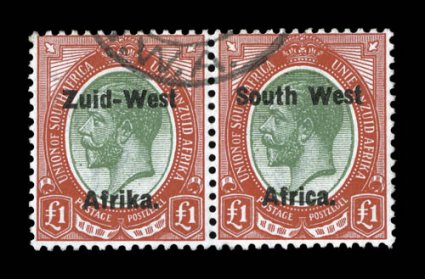 15, 1923 £1 Red and green, second setting, scarce used horizontal pair, incredibly deep vibrant colors on fresh white paper, light face-free cancel at top, fine-very fine 2006
Sismondo certificate (S.G. 15 £1400).