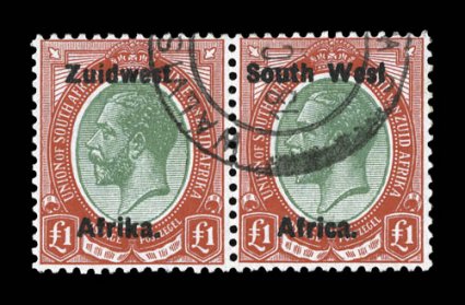 27, 1923 £1 Red and green, third setting, used horizontal pair, intensely rich color and sharp detailed impressions, neat Walvis Bay double-ring cancel, very fine 2006
Sismondo certificate (S.G. 27 £400).