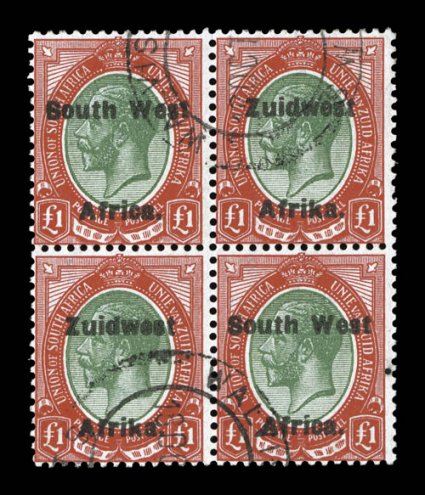 40, 1924 £1 Red and green, sixth setting, used block of four, brilliant colors, light Wolvis Bay double-ring cancels, fine 2007 Sismondo certificate (S.G. 40:
£900+).