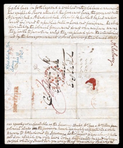 June 26, 1840 folded letter from Sydney, Australia to Surrey, England, being one of the earlier letters having passed through Tristan da Cunha, rimless crowned red oval Paid
Ship LetterJu 261840Sydney addressed to Col. Salsey, red straight l