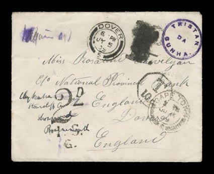 S.G. C1, Tristan Da Cunha violet handstamp, cachet I, an excellent clear and bold strike on unfranked 1909 cover to Dover, England, which was then redirected to Bournemouth,
CapetownJu 14 09 and DoverJy 5 09 transit c.d.s, various South