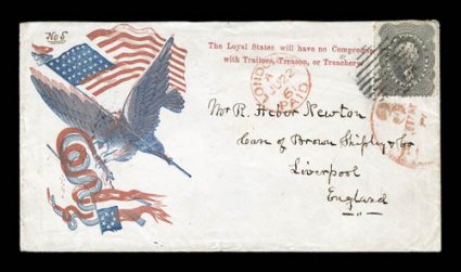 Eagle with flag and rattlesnake (Walcott 2562), with red imprint at top, 24c Gray (37) tied by black grid and June 1861 red datestamp on cover to England, red London Paid and
Liverpool receiver, fresh and very fine a lovely and rare exampl