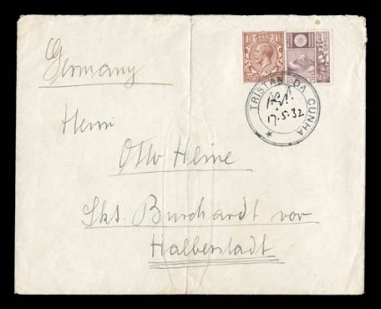 S.G. C4, Tristan Da Cunha large black handstamp, cachet IV, superb clear strike on 1932 cover to Germany, tying both Great Britain 1 12p and Japan 20sn adhesives, cachet
initialed in center A.C.P. by the Reverend Partridge and dated 17.5.3