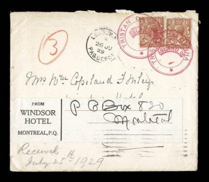 S.G. C5, Tristan Da CunhaIsland of large red handstamp, cachet IVa, two superb clear strikes of one of the rarest and most spectacular of all the postal markings of Tristan da
Cunha showing Island of label inserted in the center, on a most