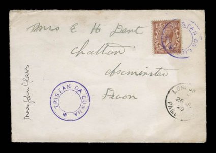 S.G. C7, Tristan Da Cunha violet handstamp, cachet VI, the extremely rare type without the break in the inner ring, one strike tying Great Britain 1 12p adhesive on 1929 cover
to Devon, England, a second perfectly clear and complete strike ap