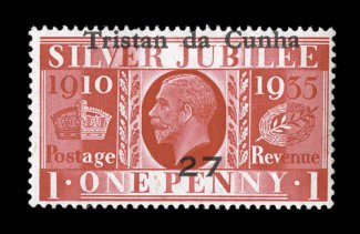 1935 Tristan da Cunha overprint on 12p and 1p Great Britain Silver Jubilee issues, the set of two known values with this unusual overprint, each with overprint at top and
numbered 36 and 27 respectively at bottom, these overprints were pre