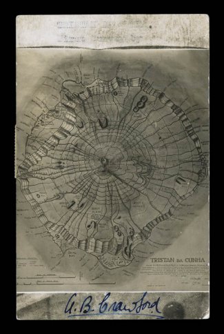 Rare illustrated post card showing first survey map of Tristan da Cunha as drawn by A.B. Crawford, one of only six cards he had printed in 1938, posted to his Grandmother
(Mrs. Bryant) in Wales and is franked with South Africa 1p adhesive tied by