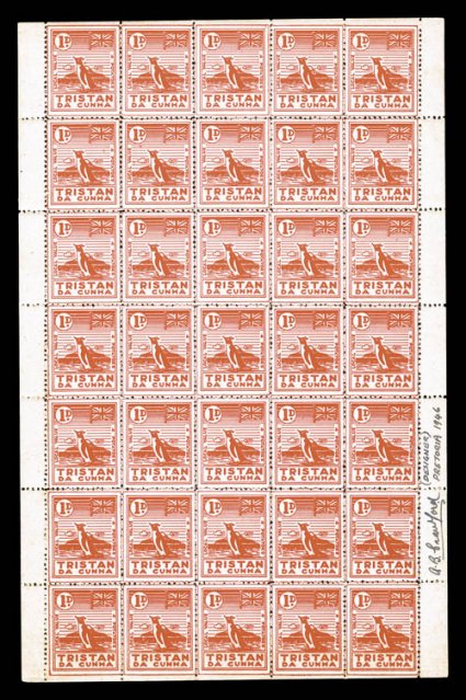 1946 (May) 1p red Potato label created by A.B. Crawford, a wonderful specialized collection of this unusual local post whose value in local currency was 4 potatoes, range
includes a composite photograph from the original negative depicting th