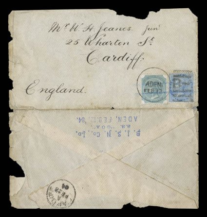 1884 cover from Zanzibar to Wales, with India 12a and 4a Queen Victoria heads tied by Aden B duplex pmk. and light blue crayon cancel, Cardiff backstamp, B.I.S.N. Co. Ltd.
handstamp on reverse, cover with edge faults and opened out for display