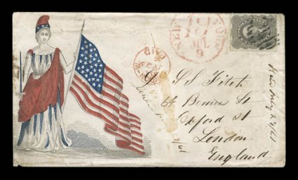 Female figure with waving flag, (Walcott 2179), with 24c Gray (37) tied by grid pmk. on cover to England, red New York datestamp and London Paid, tears in the backflap, minor
central stain and slight ink erosion hole in the address, fine t