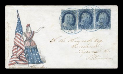 Lady Liberty and Flag, Walcott 2261, 1c Blue, Type II, single and pair (20 positions 19R12, 73-74R12), the latter position being the most prominent double transfer on the
plate, tied by blue 1861 c.d.s. postmarks on cover to Illinois, ms. Lon