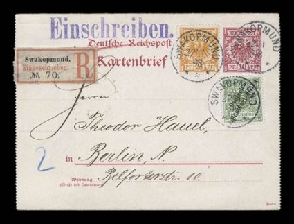 German South West Africa interesting cover lot of 37 items, most are better covers that were purchased on an individual basis at auction or retail, some forerunners including
a 25pf value, one cover with a complete set of the 1899 Overprints, sev