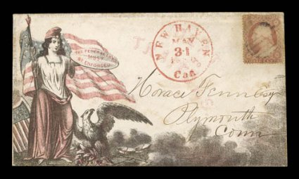 The Federal Laws Must Be Enforced imprint on shield with Lady Liberty and Eagle (Walcott 2164), with light red Death to Traitors, 3c Dull red (26) cancelled by grid, with red
New Haven, Ct. c.d.s. alongside, addressed to Plymouth, Ct., just