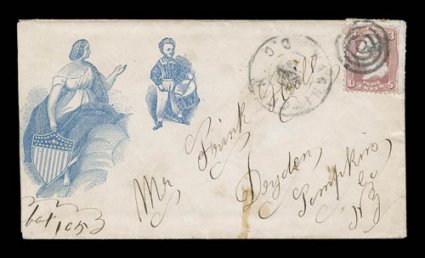 Female Figure with Dummer Boy in blue (Walcott 2184), 3c Rose (65) tied by target, with Washington, D.C. c.d.s. alongside on cover to New York, cover opened at left and with
trivial stain at bottom, otherwise very fine a scarce design ex-Wa