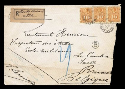 1897-99 Belgian Antarctic Expedition, 1898 registered cover from Chile to Belgium, bearing extremely rare three line Expedition AntarctiqueBelgeLe Commandant en second blue
cachet at bottom left, Puntas Arenas registry label at top left, th