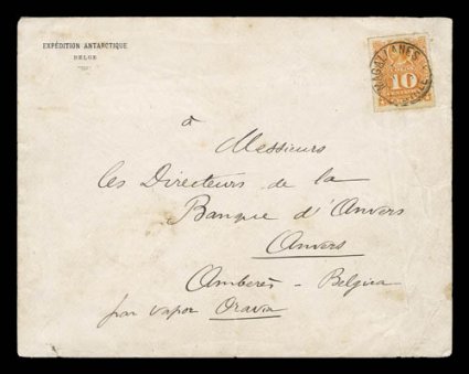 1897-99 Belgian Antarctic Expedition, 1899 cover to Antwerp with small imprint at top left Expedition AntarctqueBelge, bearing Chile 1885 rouletted 10c Orange which is tied by
Magallanes c.d.s., and showing arrival c.d.s. (27.4) on reverse, th