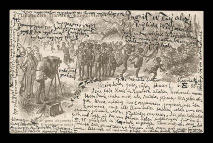 1898-99 German Deep Sea Expedition, 1898 sepia picture post card addressed to Dresden and franked with Cape of Good Hope 1896 2 1 12p Ultramarine, card is dated 6.IX.98
depicting photographer and natives was written by Schmitt before voyage on