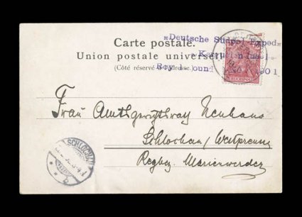 1901-03 German Gauss Antarctic Expedition, 1901 Expedition post card to Germany, with message from expedition member Carl Luyken, franked with 10pf Germania tied first by
three line Deutsche Sudpol-Exped*Kerguelen InselRoyal Sound 2 Nov 1901
